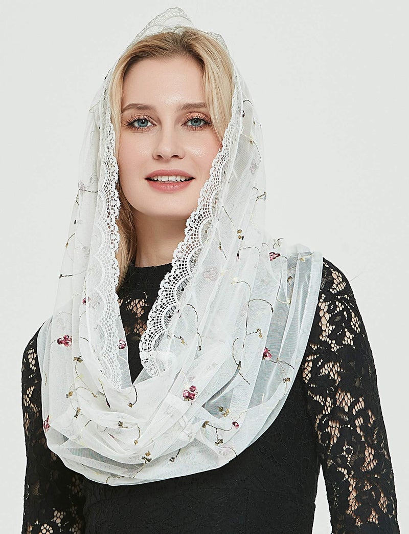 Leimandy Orthodox Veil Head Covering with Embroidered Flowers Catholic Chapel Mantilla Infinity Veil for Church Worship & Latin Mass V50 (Ivory Wrap) - Image 3